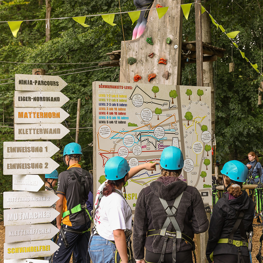 Kletterwald Bad Marienberg im Westerwald: Familien beim Klettern und Einweisung an der Orientierungstafel